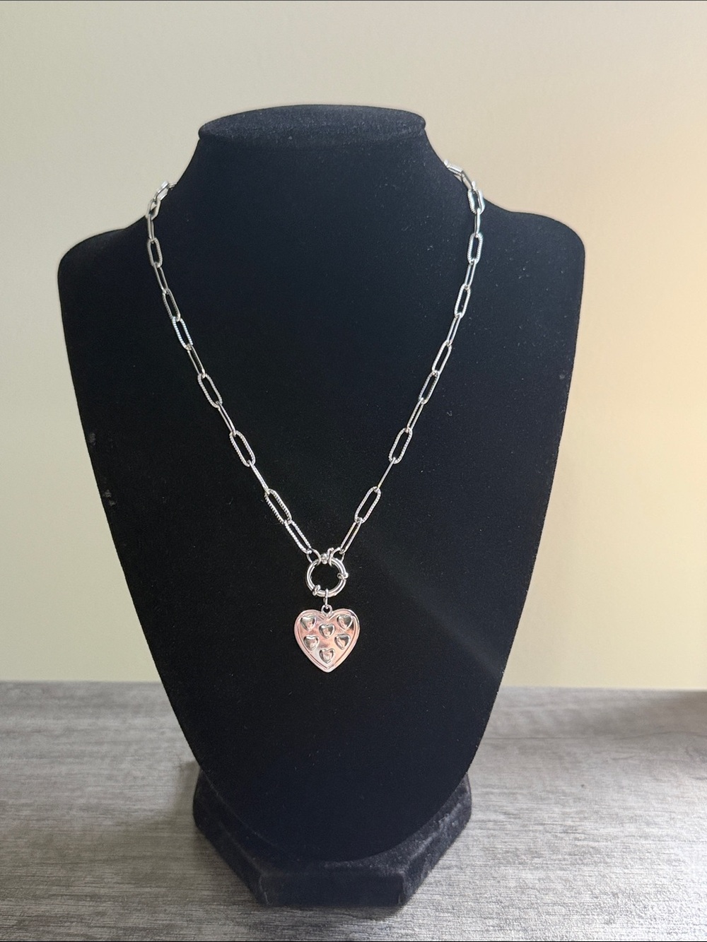 Stainless Steel Paper Clip Chain Necklace w/ Heart Pendant